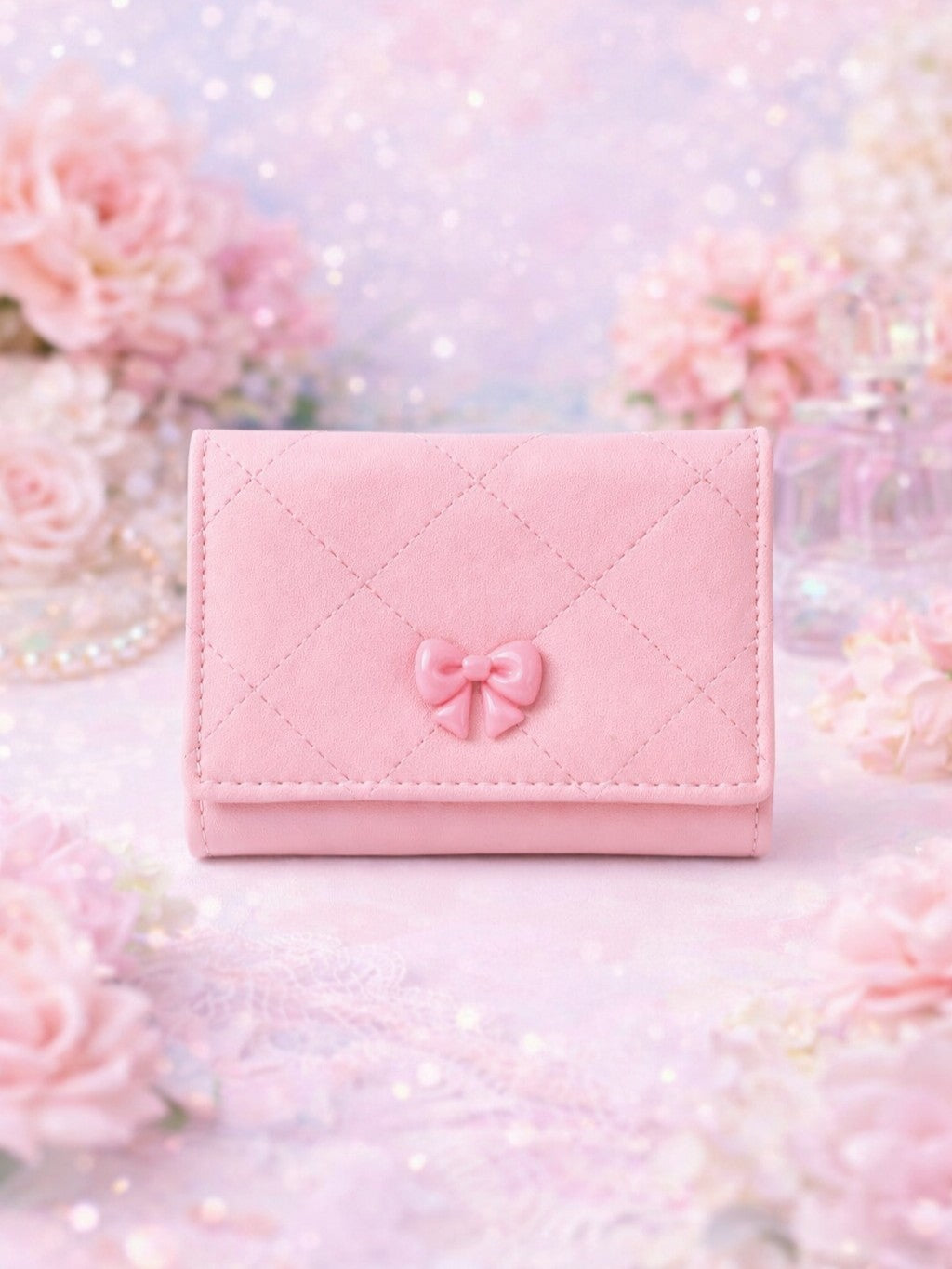 Checked Mini Bow Trifold Wallet - Pink