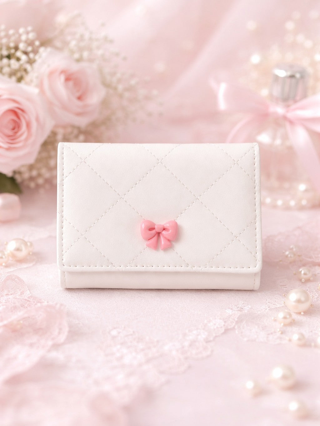 Checked Mini Bow Trifold Wallet - Off White