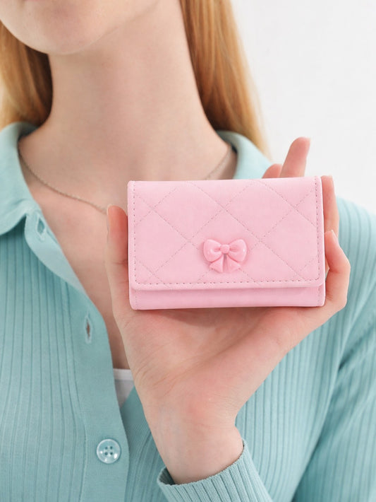 Checked Mini Bow Trifold Wallet - Pink