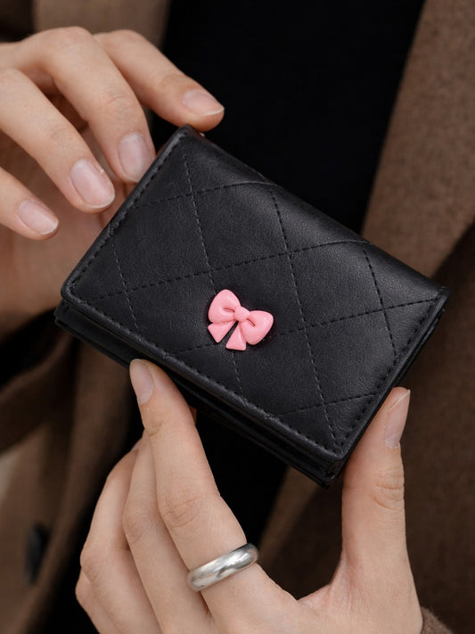 Checked Mini Bow Trifold Wallet - Black