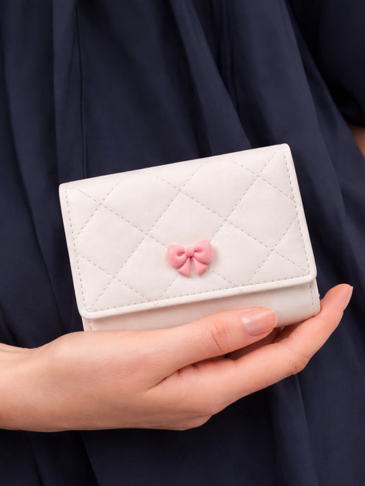 Checked Mini Bow Trifold Wallet - Off White