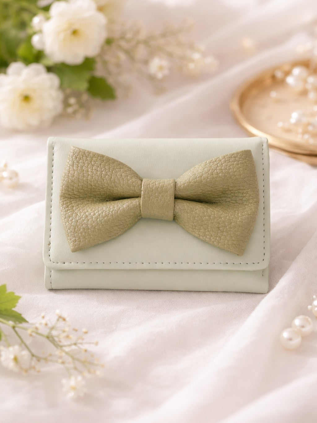 Korean Bow Mini Trifold Wallet - Green