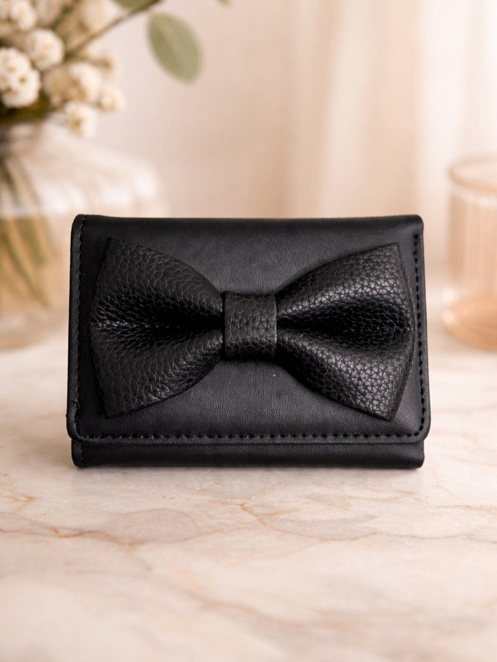 Korean Bow Mini Trifold Wallet - Black