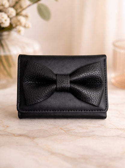 Korean Bow Mini Trifold Wallet - Black