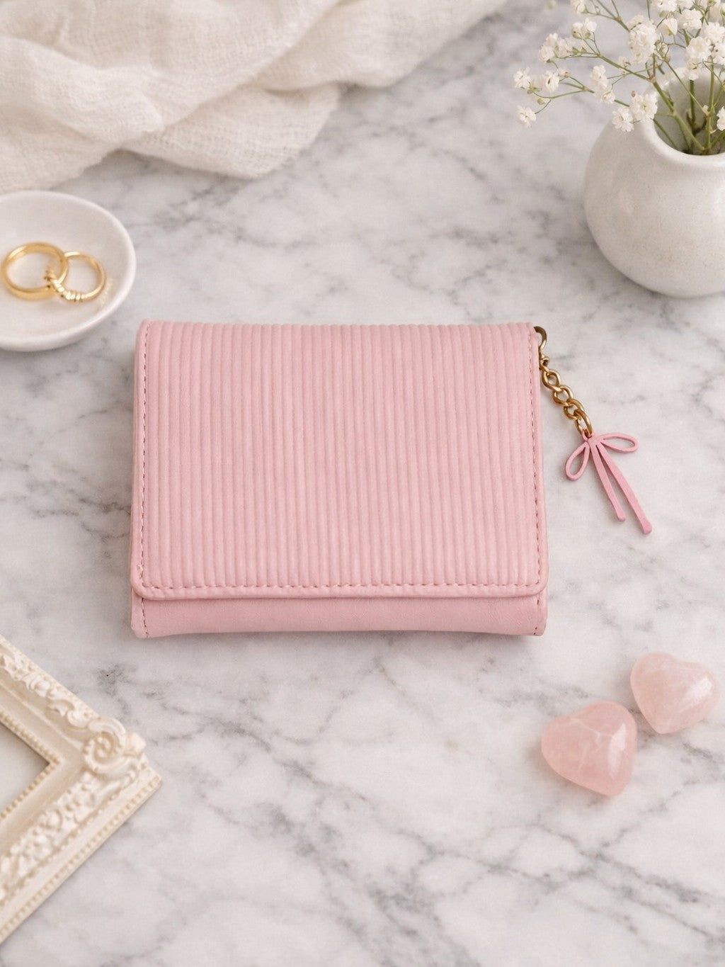 Vertical Stripe Mini Trifold Wallet - Pink
