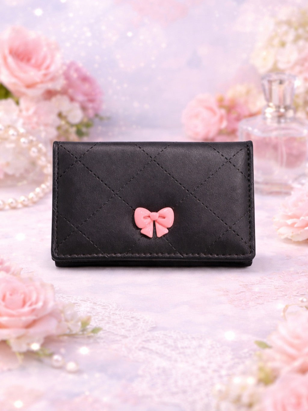Checked Mini Bow Trifold Wallet - Black