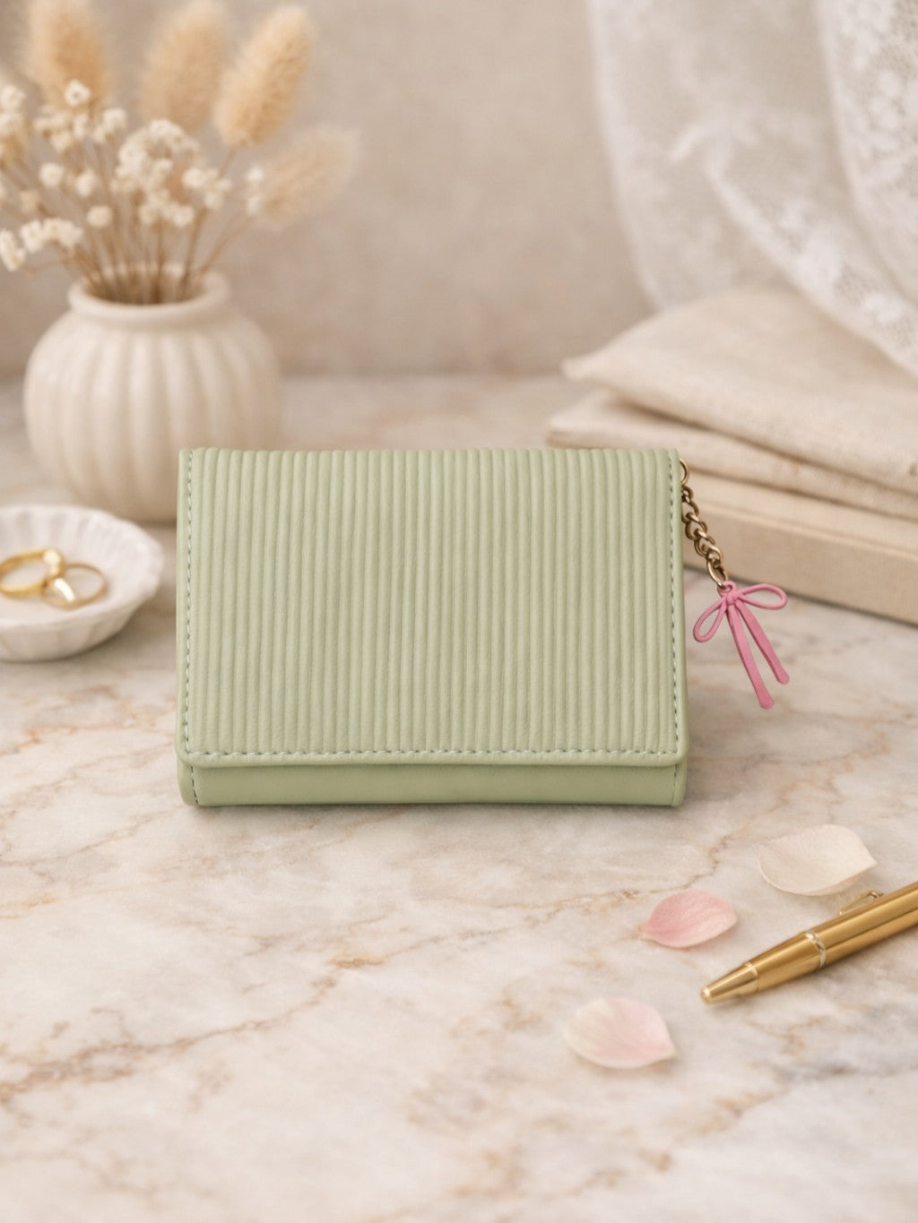 Vertical Stripe Mini Trifold Wallet - Green
