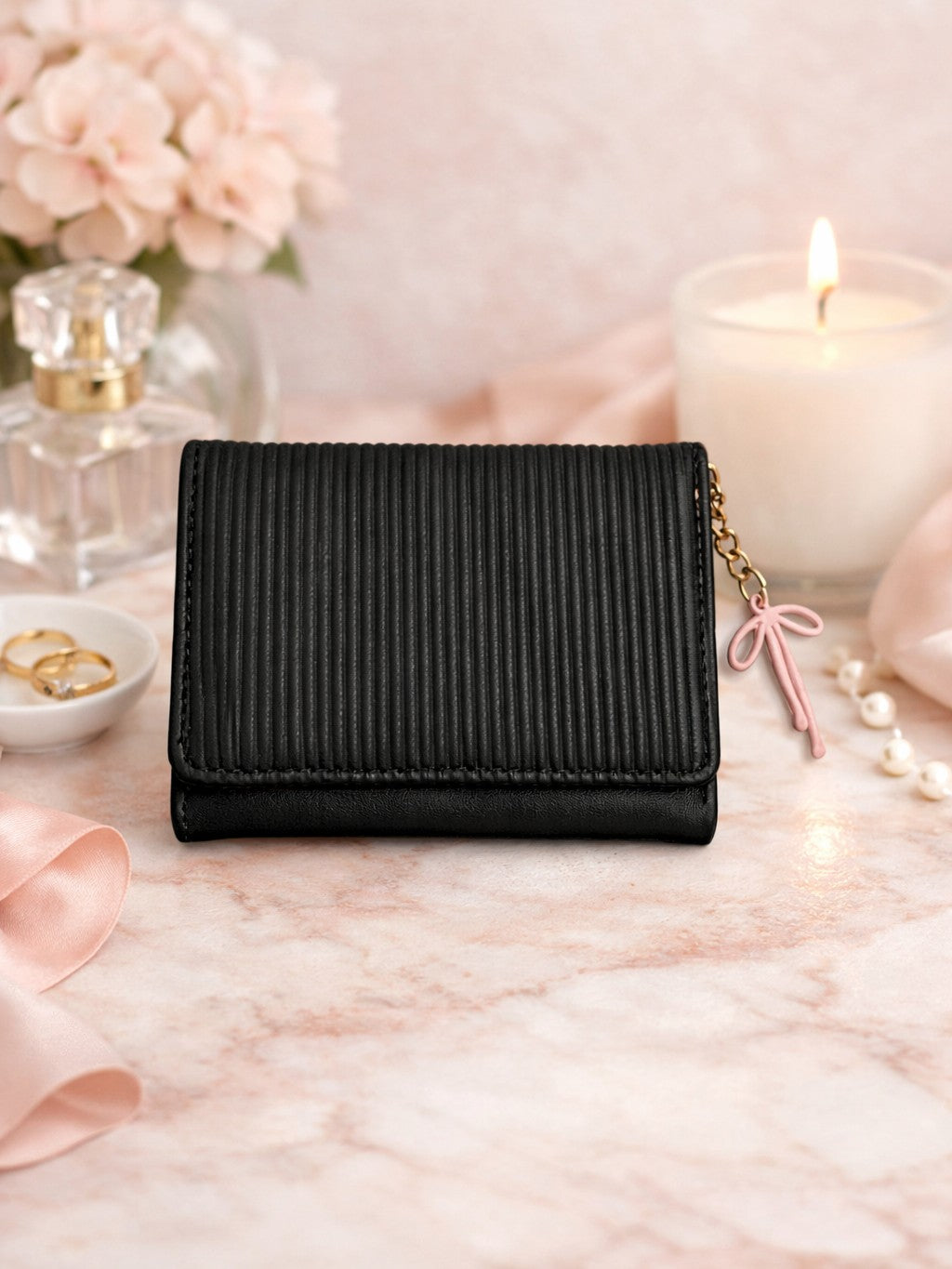 Vertical Stripe Mini Trifold Wallet - Black
