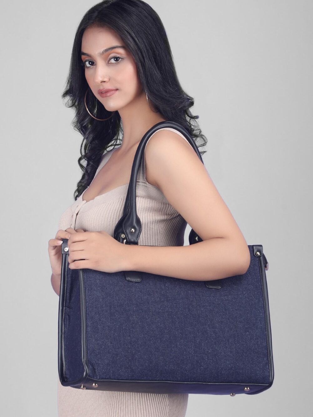 Basic Denim Laptop Tote Bag - Black